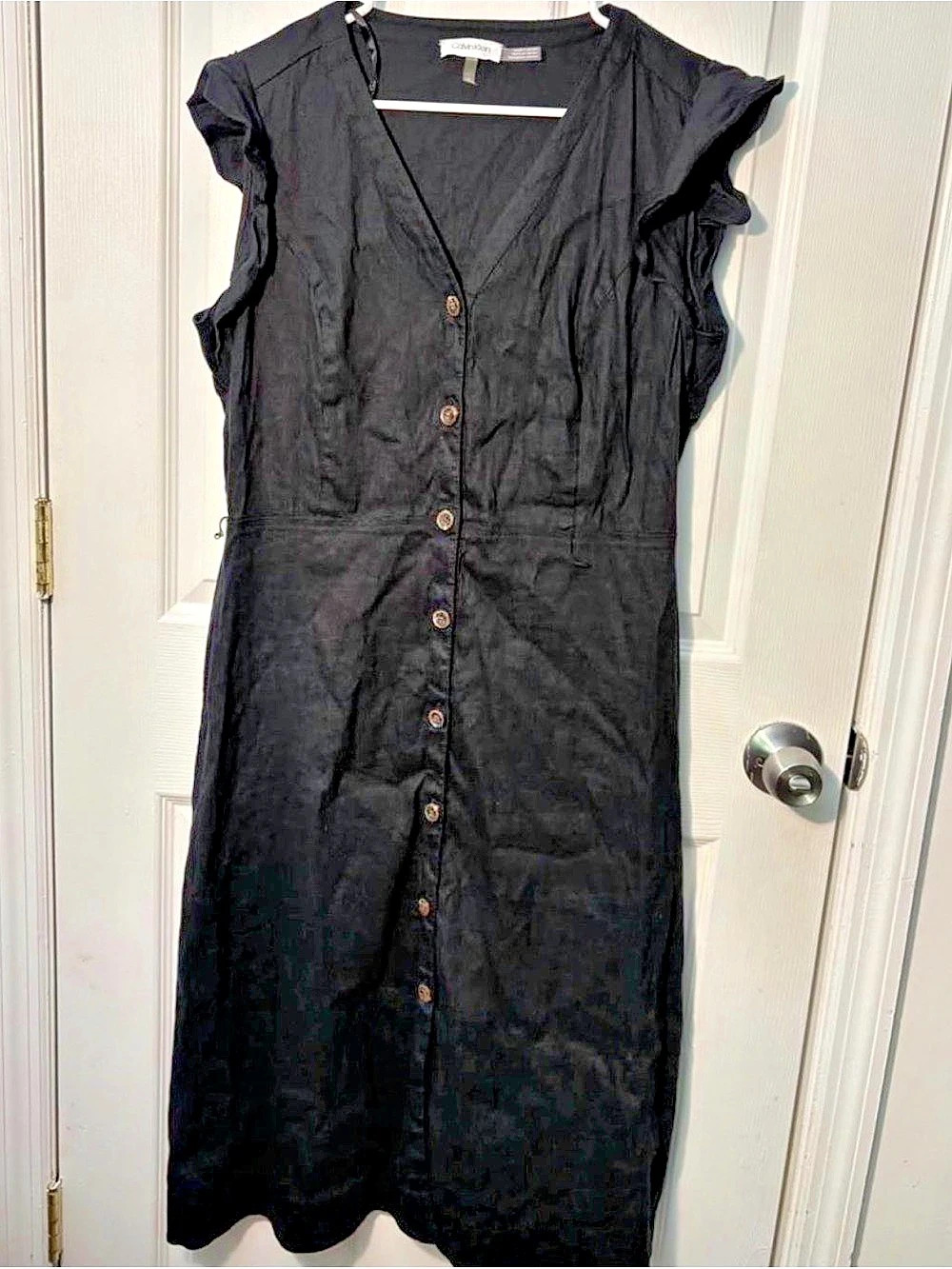 Calvin Klein Short Sleeve Button Front Cotton Blend Midi Dress Black Midi Dress